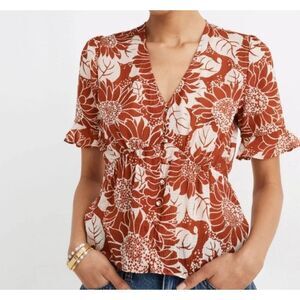 Madewell Silk Sunflower Keyhole Blouse Rust Orange Floral Top Size 0